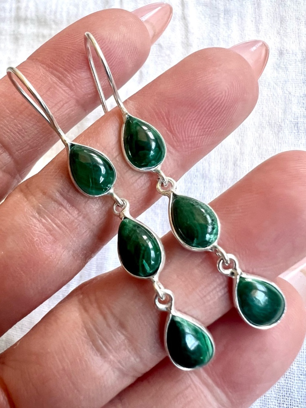 925 Malachite 3 Stone Dangle Earrings
